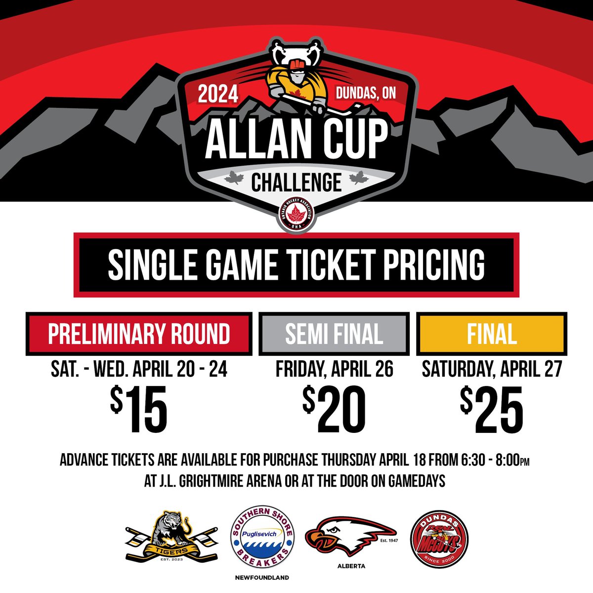 Fans wanting to purchase a Tournament Pass can do so online at eventbrite.com/e/allan-cup-ch… or by stopping by the J.L. Grightmire Arena tonight between 6:30pm and 8pm. Single game tickets are also available for purchase tonight and at the door on game days.