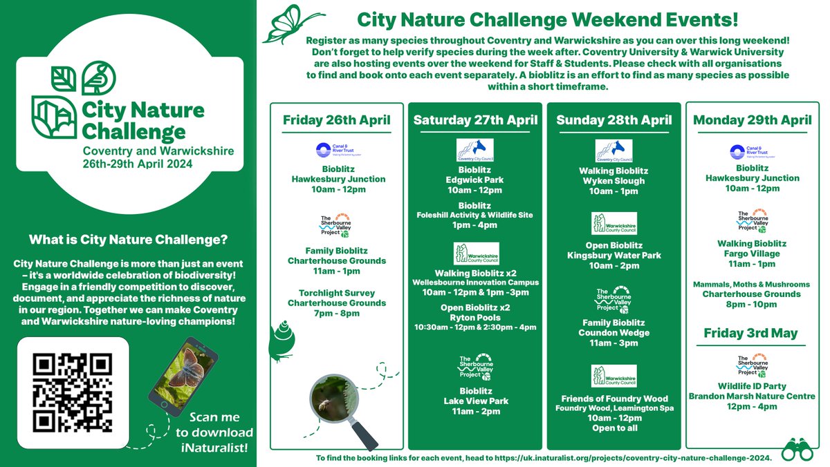 Are you taking part in this year's City Nature Challenge? Participate in this incredible worldwide effort to document as much wildlife as you can between Friday, April 26th and Monday, April 29th. Book onto these free events through the link below: inaturalist.org/projects/coven…