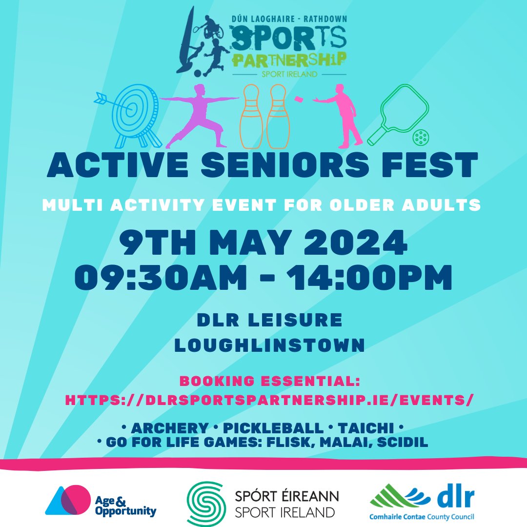 💥 ACTIVE SENIORS FEST 💥 Join us for the return of our multi activity event for older adults! We'll have Archery, Pickleball, Taichi, Chair Aerobics and Go for Life Games. This is a free event but booking is essential dlrsportspartnership.ie/events/ @Age_Opp @dlrcc @sportireland