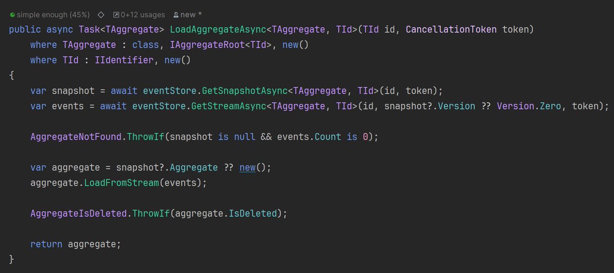 #EventSourcing enthusiasts  often ask me how complex/challenging it is to load an event-sourced  aggregate from the stream with a snapshot mechanism:

#DDDesign #EventDriven #dotnet #csharp
