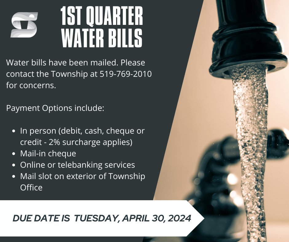 The 1st Quarter Water Bills are due TODAY, Tuesday, April 30, 2024. Multiple payment methods are available. The Township offers pre-authorized payment options here:forms.southwold.ca/Pre-Authorized…... See less For questions, please contact the Township office at 519-769-2010