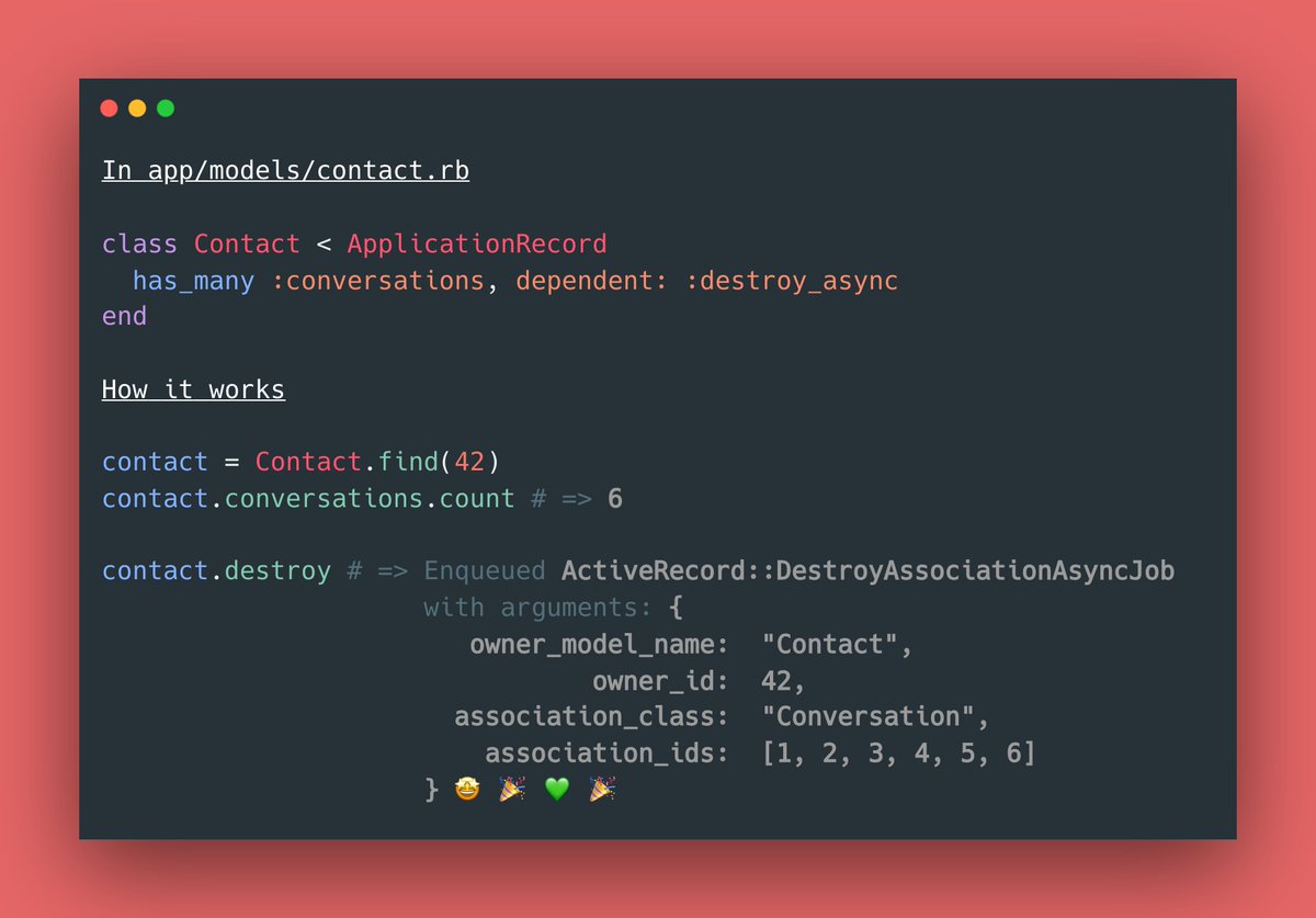 ✨ RAILS PRO TIPS ✨ Take advantage of the dependent: destroy_async option to delete the associated collection in a background job 🤯 🤩 💡 Make sure that foreign_key: false is set in your migration ➡️ A detailed course on this topic will be added this week exclusively on…