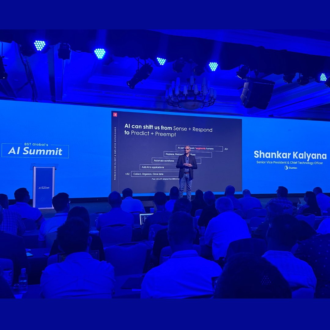 BSTGlobal's tweet photo. In his presentation titled “Reimagining Client & Employee Experiences With AI,” Shankar Kalyana from @Stantec says the biggest shift we will see from AI is getting to the predictive state.
#AISummit #BSTGlobal #AEC #AI #Stantec #Conference #PerdictiveAI #PerdictiveData https://t.co/2Ut74J5ast