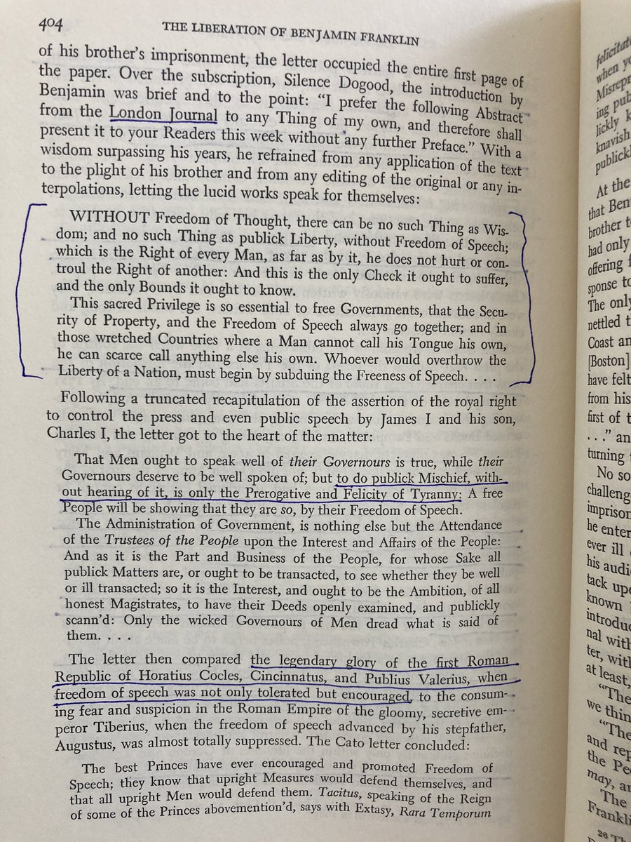 Ben Franklin, at 16yo in 1722, quoting from the London Journal on freedom of speech and a free press given plans to control via taxation. @elonmusk @wikileaks @CatoInstitute @bariweiss #FreeAssange2024