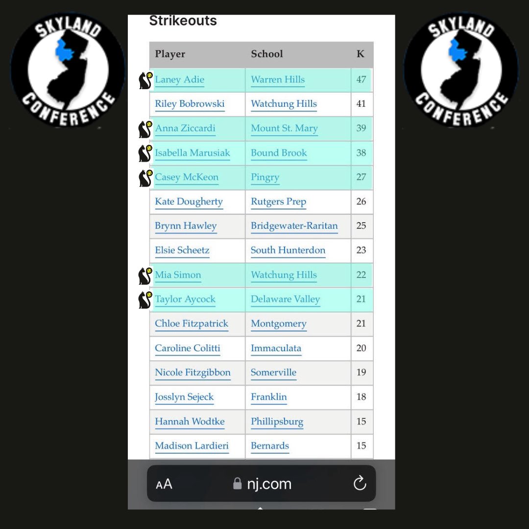 CoachLeighBCF's tweet photo. Crushing the strikeout leader board in NJ’s Skyland Conference. Quinnipiac Commit Laney Adie (2025 | Warren Hills) leading the pack with 47 total strikeouts after 6 games. Way to go ladies! https://t.co/cxAD15lb47