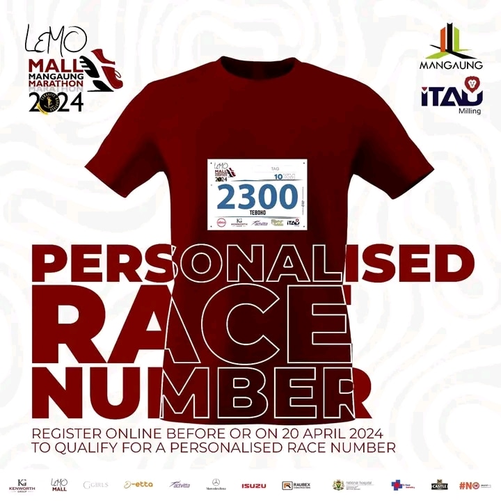 𝗣𝗘𝗥𝗦𝗢𝗡𝗔𝗟𝗜𝗦𝗘𝗗 𝗥𝗔𝗖𝗘 𝗡𝗨𝗠𝗕𝗘𝗥𝗦 Register by the 20th April to be one of the athletes that will be running the streets of Mangaung on the 4th of May 2024 with personalised race numbers. Online registrations close, 30th of April 2024 lemomarathon.co.za