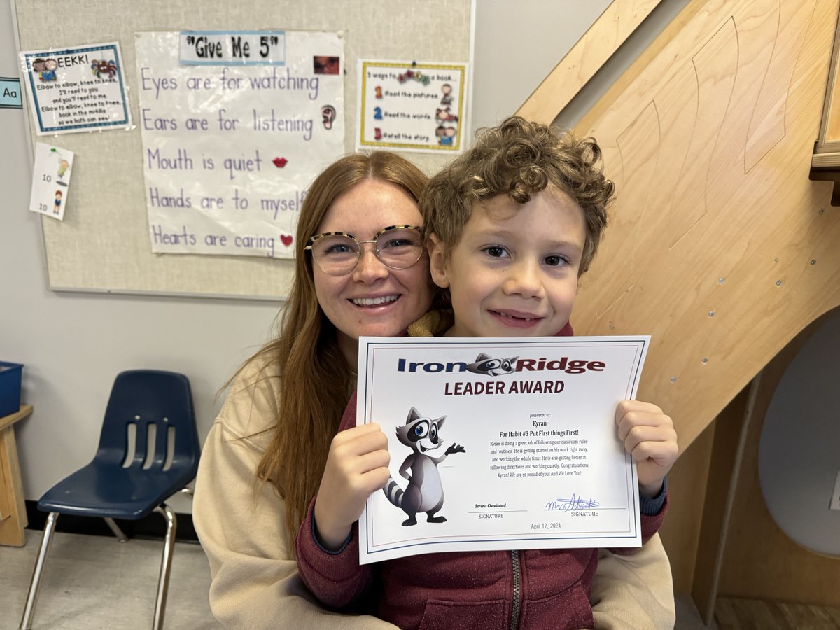 Kyran received a leader award for Habit #3 Put First things First! He follows the rules and gets started on his work right away.  He is also getting better at  following directions and working quietly.  Congratulations Kyran! We are so proud of you! And We Love You! #7habits