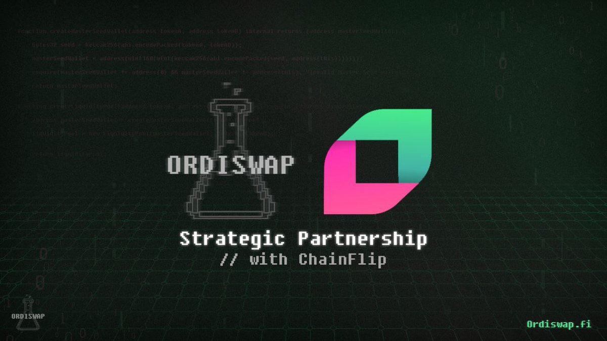 🧪 Ordiswap 🤝 @Chainflip Thrilled to announce a strategic partnership with Chainflip Labs, a DEX that facilitates native cross-chain swaps at low slippage and low gas. Chainflip grants users access to native assets not usually found on the same DEX — like BTC, ETH, and DOT…