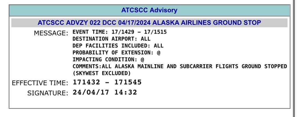 BREAKING: FAA issues ground stop advisory on all Alaskan Airline's flights without mentioning the reason (SkyWest excluded)