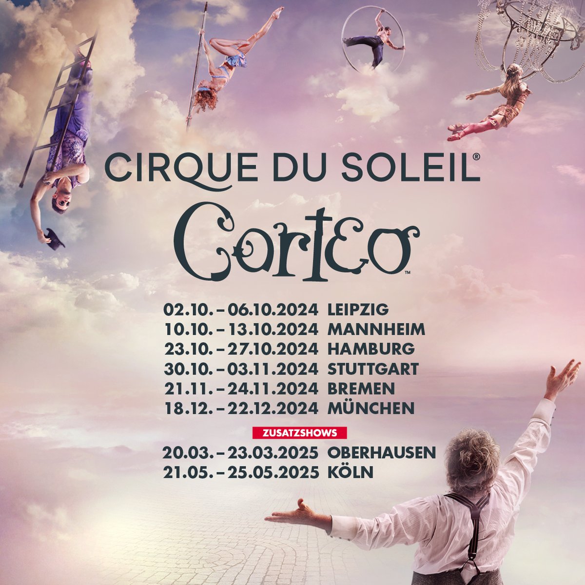 🎪✨ Cirque du Soleil - CORTEO Zusatzshows in Oberhausen und Köln sind jetzt im Vorverkauf! Seit der Premiere begeisterte die Show mehr als acht Millionen Zuschauer in 19 Ländern auf vier Kontinenten.😮 In welcher Stadt bist du dabei? 🤩 Mehr Infos und Tickets findest du unter:…