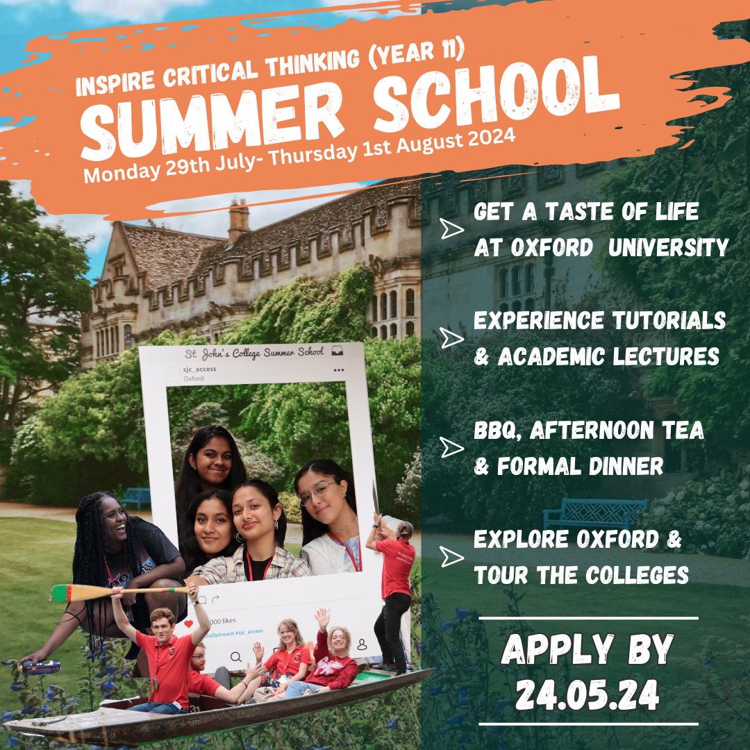 We're thrilled to announce that applications for our Year 11 Critical Thinking Summer School are now open ☀️

🛌 Stay in the St John’s Halls of residence
🎓 Experience tutorials &amp; attend academic lectures.  
🏛️ Enjoy museum workshops &amp; explore Oxford's colleges

Link in bio! 🖱️