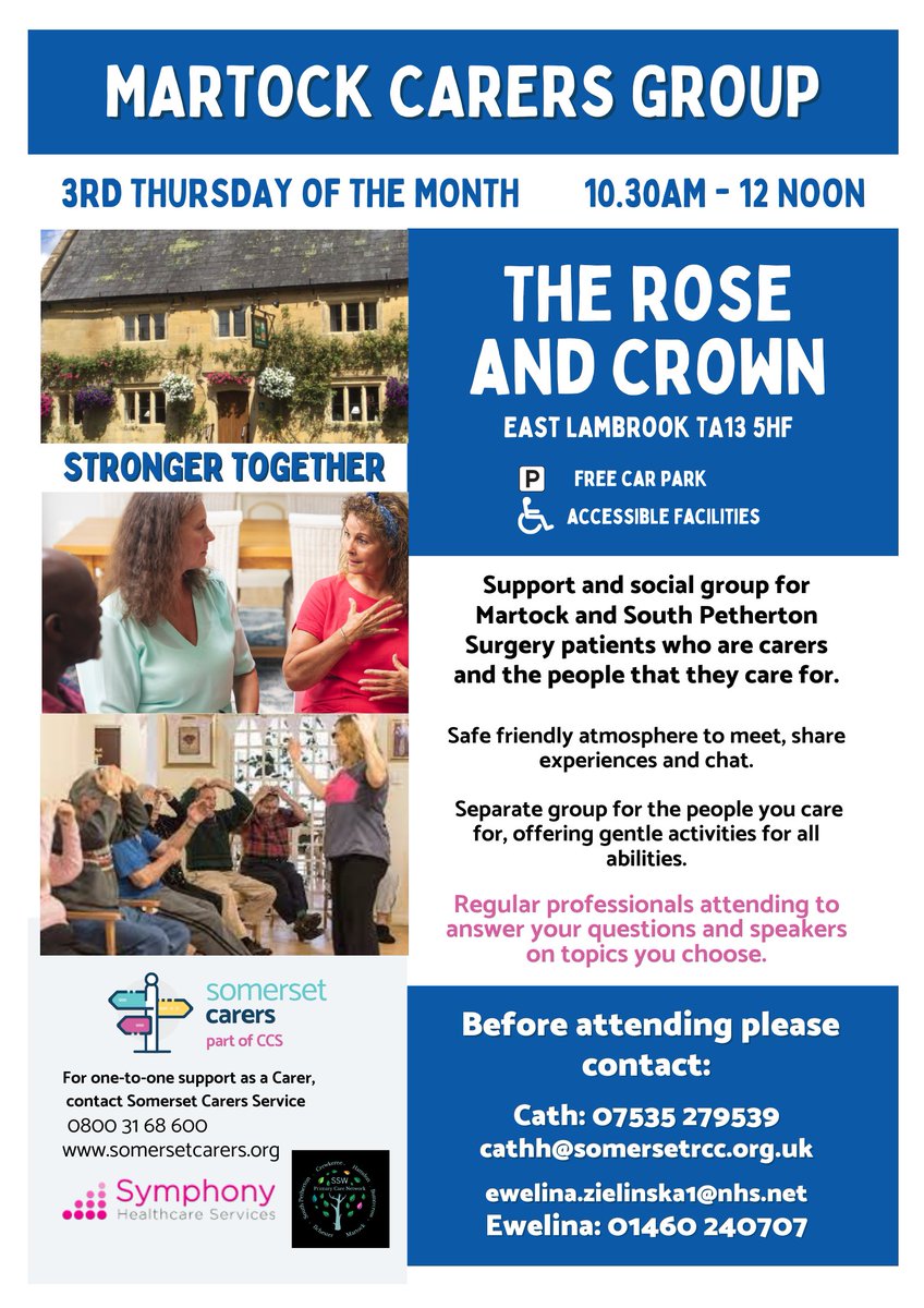 Thursday this week, there are Carers Groups in Crewkerne, Ilminster and Martock.

If you're an unpaid carer and would like to meet others in your area , why not go along? 

Please contact the organiser if it's your first time - download the schedule here somersetcarers.org/carers-groups/