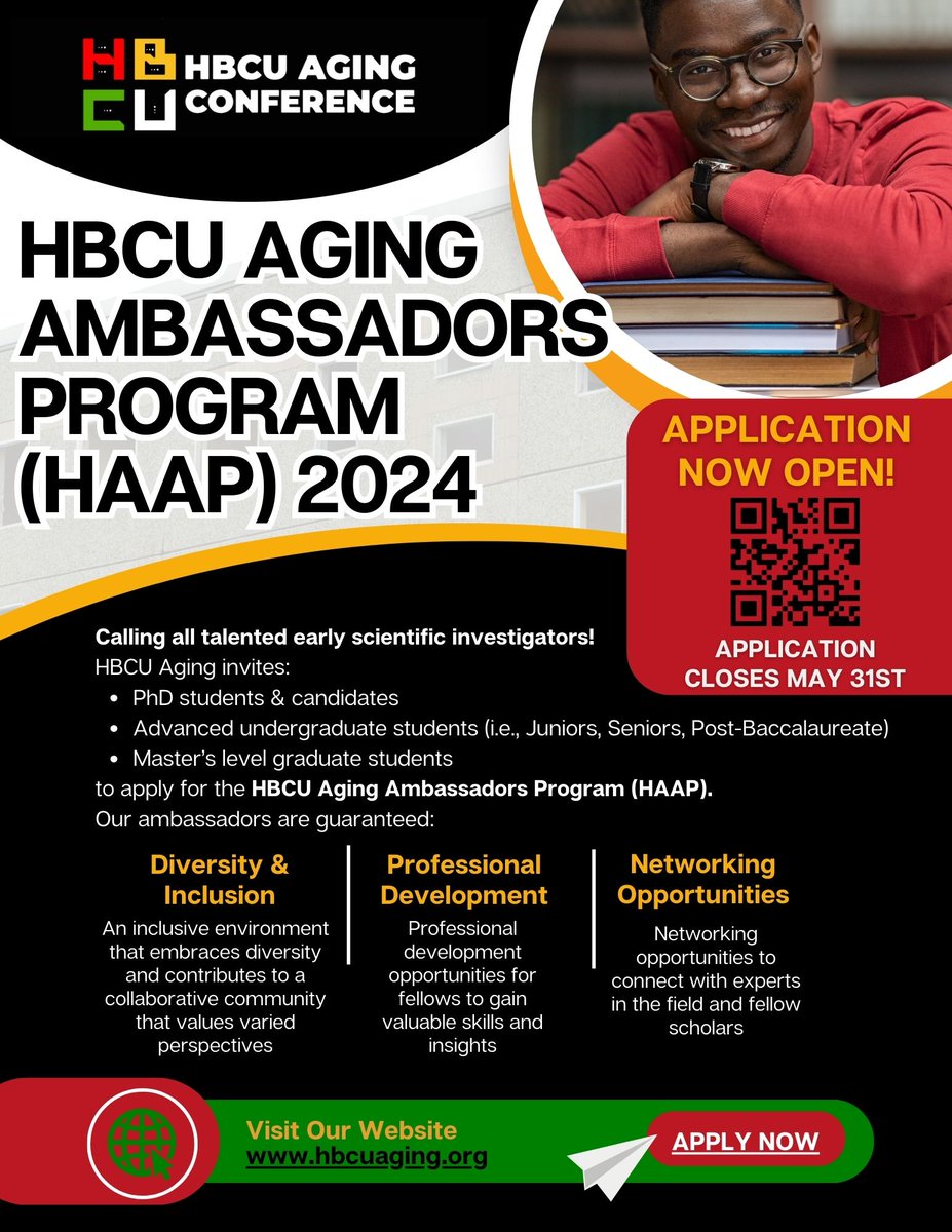 🗣️@Blackingeron and the Gerontological Society of America’s (GSA) HBCU Collaborative Interest Group are pleased to announce that applications are now open for the 2024 HBCU Aging Ambassadors Program (HAAP). See flyer for info. Application due date: May 31, 2024.