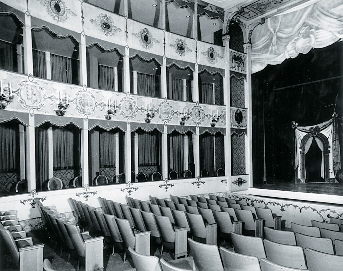 The Historic Asolo Theater (HAT) was originally constructed in 1798 inside a Renaissance-era palace in Asolo, Italy.  It remained there until 1931, when it was dismantled to make way for a cinema. The theater’s historic paintings, decorative panels, ornate proscenium, and gilded