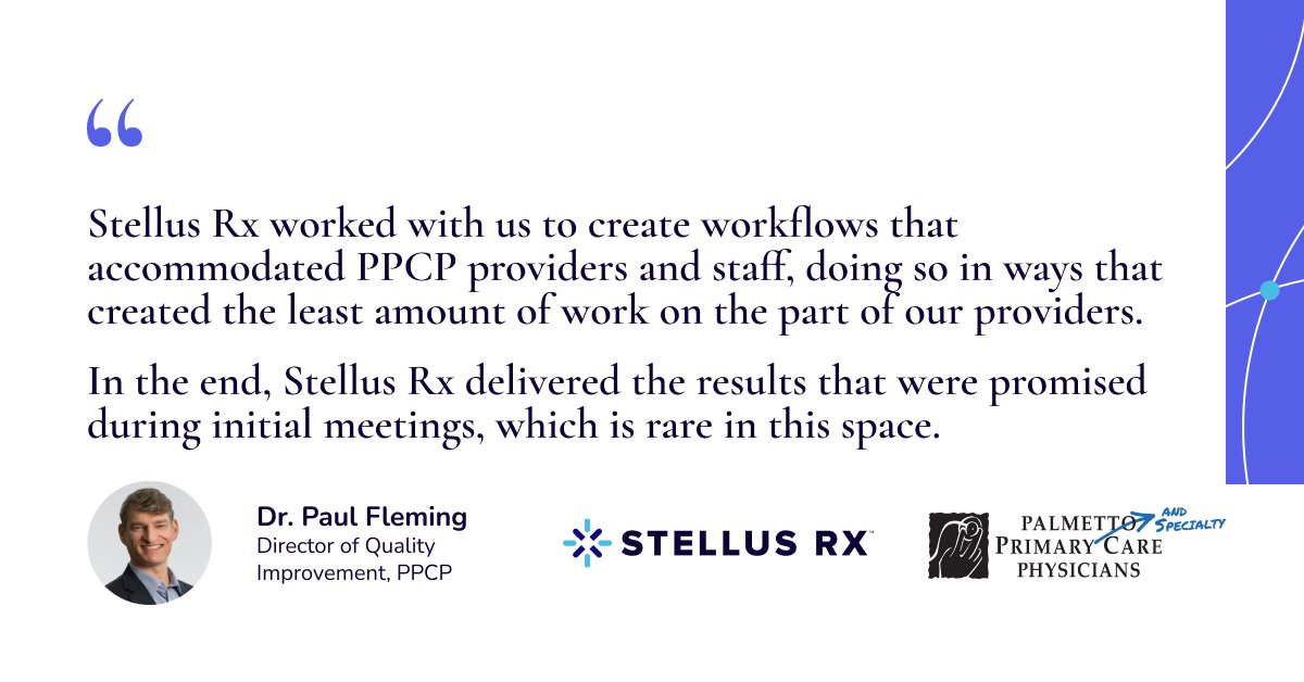 In our latest article with Palmetto Primary Care Physicians, Dr. Paul Fleming shares how our partnership has improved patient medication adherence and Star rating performance for their practice.

Read the full article to see the results: stellusrx.com/blog/perspecti…