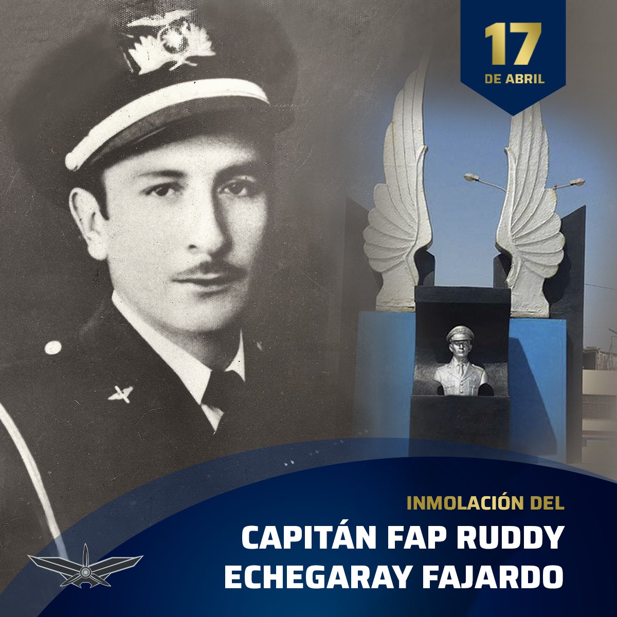 #EfemérideFAP | El Capitán FAP Ruddy Echegaray Fajardo se inmoló un 17 de abril del año 1957, evitando una gran tragedia y salvando a los vecinos del balneario de Punta Negra, por lo cual fue designado como 'Patrono de los Instructores de Vuelo' en honor a su memoria.