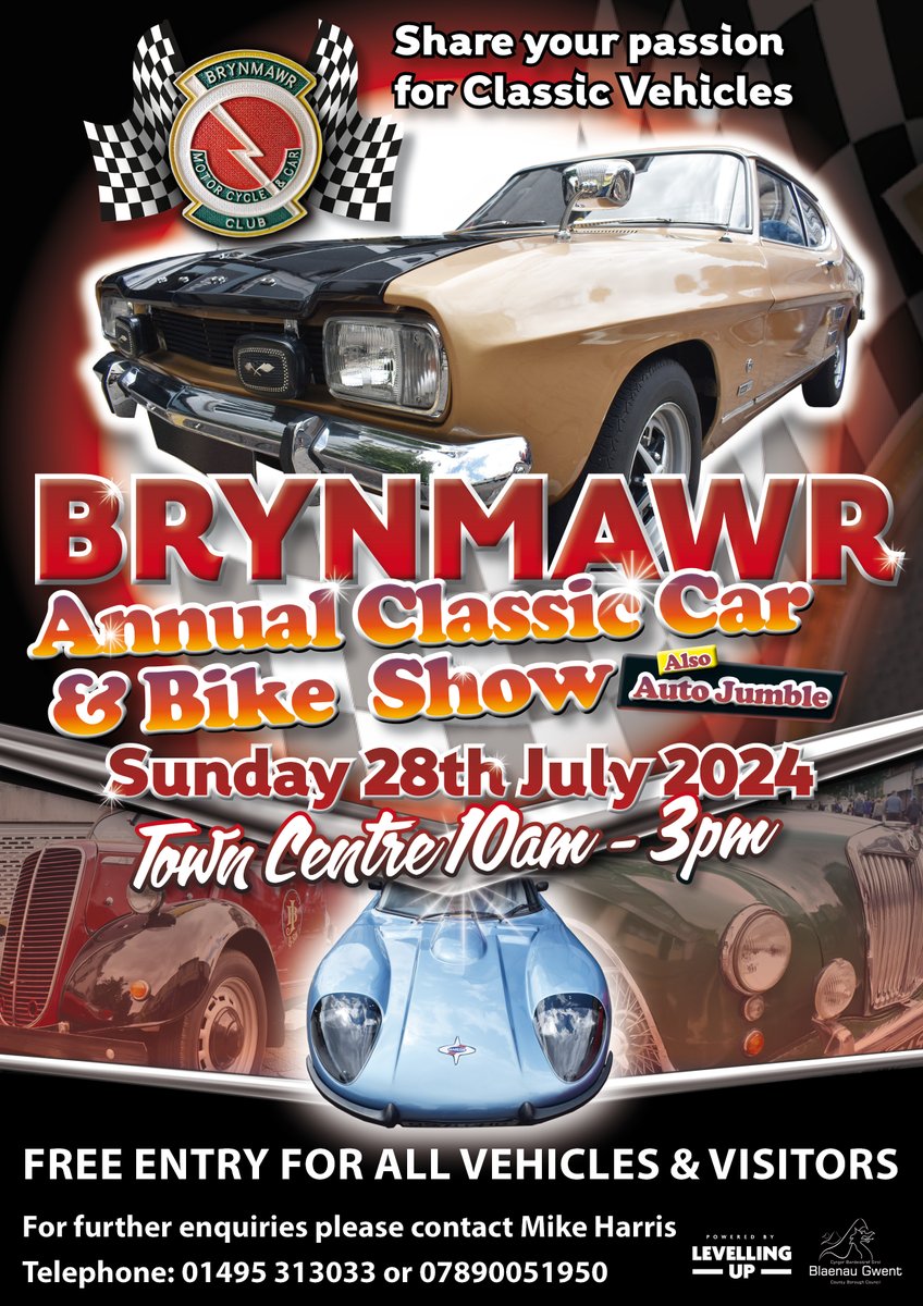 he Blaenau Gwent Regeneration Town Centre team is thrilled to collaborate with the Brynmawr Classic Car and Bike Show!
Get ready to see a stunning array of vintage automobiles and motorcycles. There’ll be activities for everyone.
#BrynmawrClassicCarShow #ClassicCars #ShopLocal