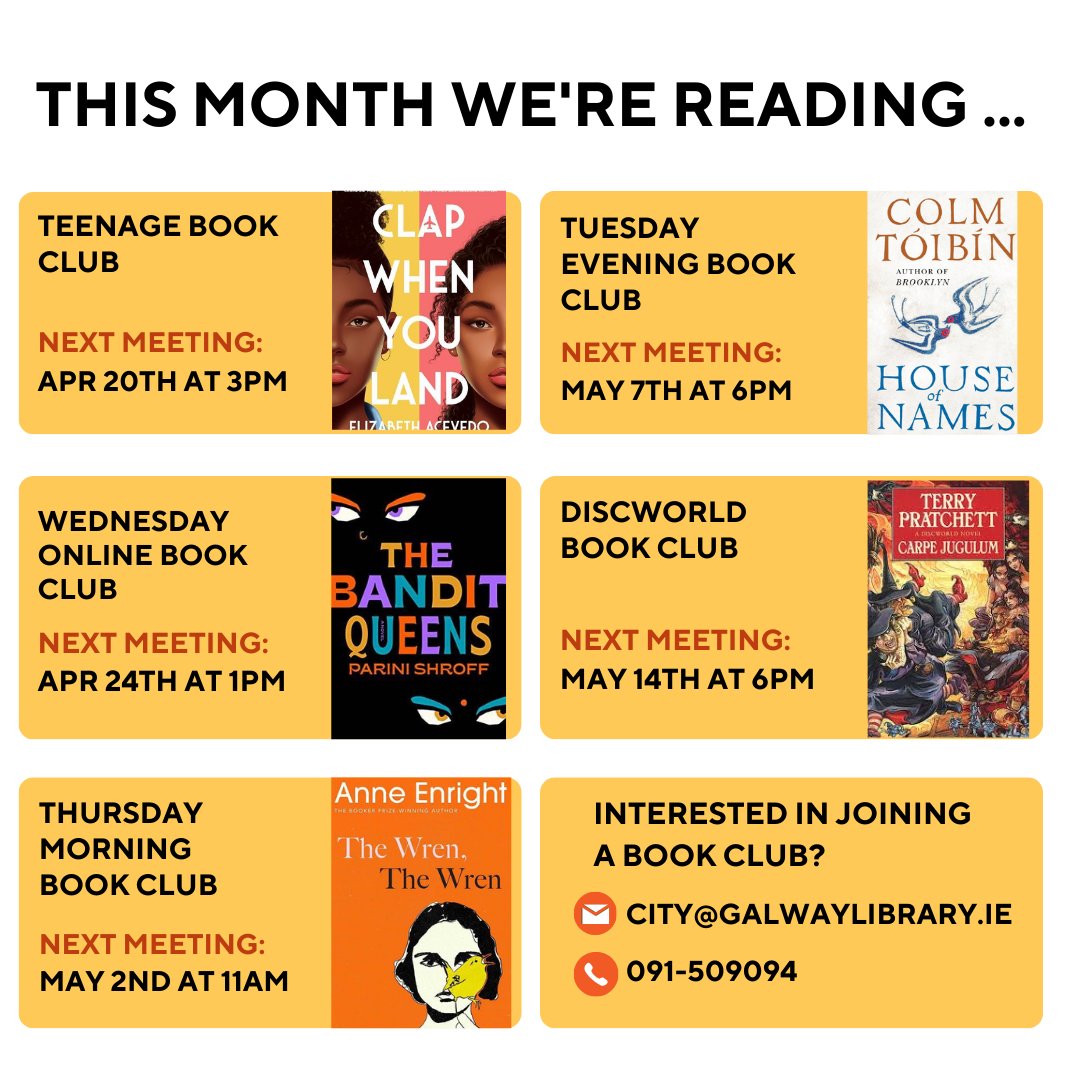 Want to join a book club?  Here at @galwaycitylib we've got lots, even YA and Discworld ones!  If you’re interested just let us know - ask at the desk, call 091 509094 or email city@galwaylibrary.ie
#bookclubs #YAbookclub #discworld #atyourlibrary
