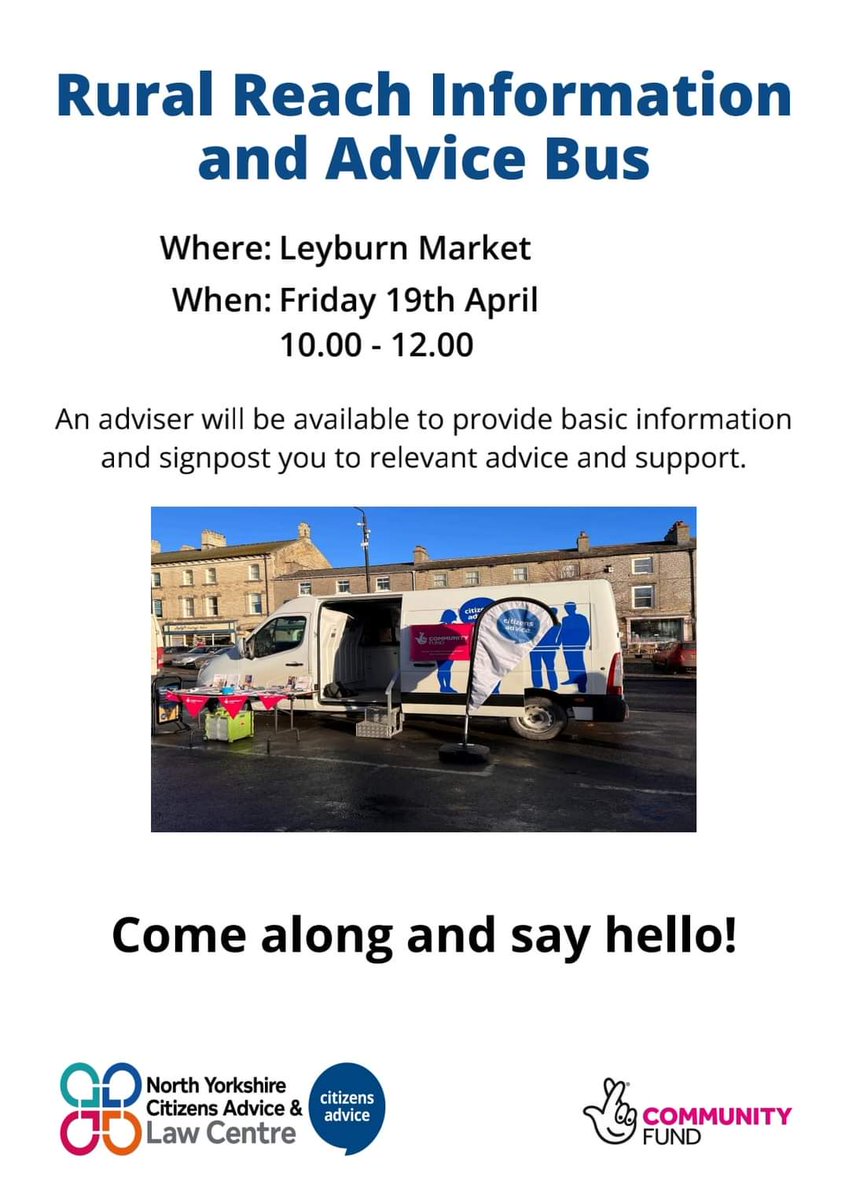 The #RuralAdviceBus makes a scheduled stop at ##Leyburn Market this Friday between 10am and 12pm.

If you need support with advice or information come and have a chat with our friendly team 😊 🚌