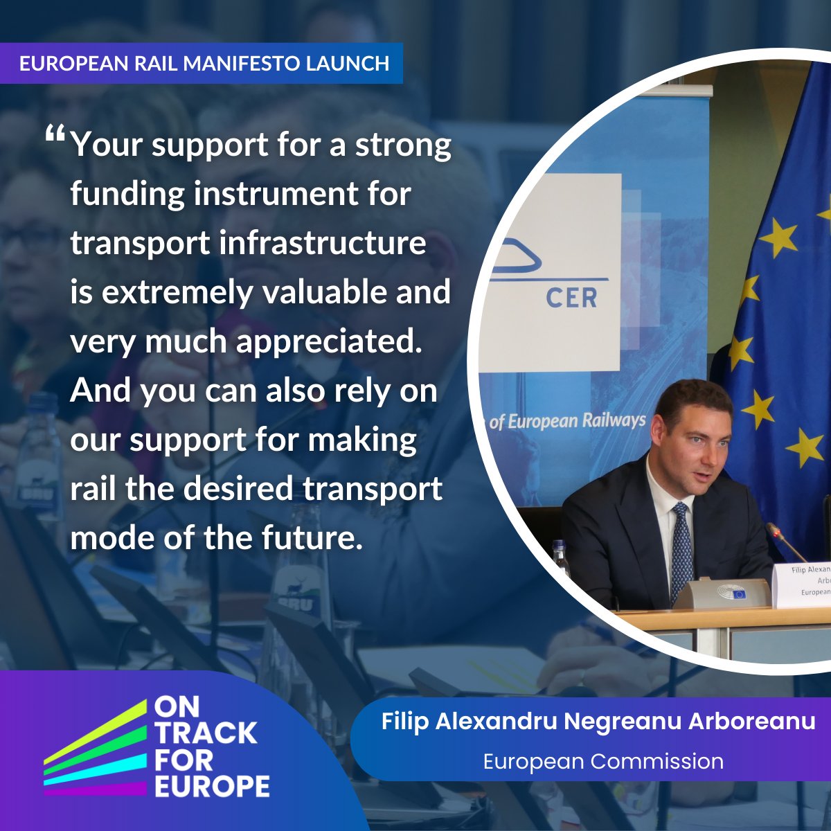 🔵Launch of the European Rail Manifesto #OnTrackForEurope 2024-2029 Filip Alexandru Negreanu Arboreanu, Head of Cabinet of @AdinaValean, about a strong funding instrument for transport infrastructure👇 #EUTransport #TEN_T #Railways