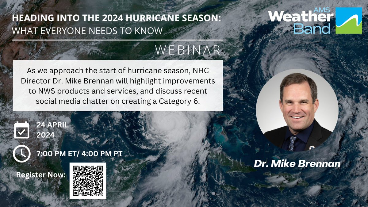 🚨Another webinar opportunity! Join NHC Director Dr. Michael Brennan next Tuesday, April 24 at 7 pm EDT where he'll talk about improvements to @NWS hurricane products and preparing for the upcoming hurricane season. Register through @amswxband here: us06web.zoom.us/webinar/regist…