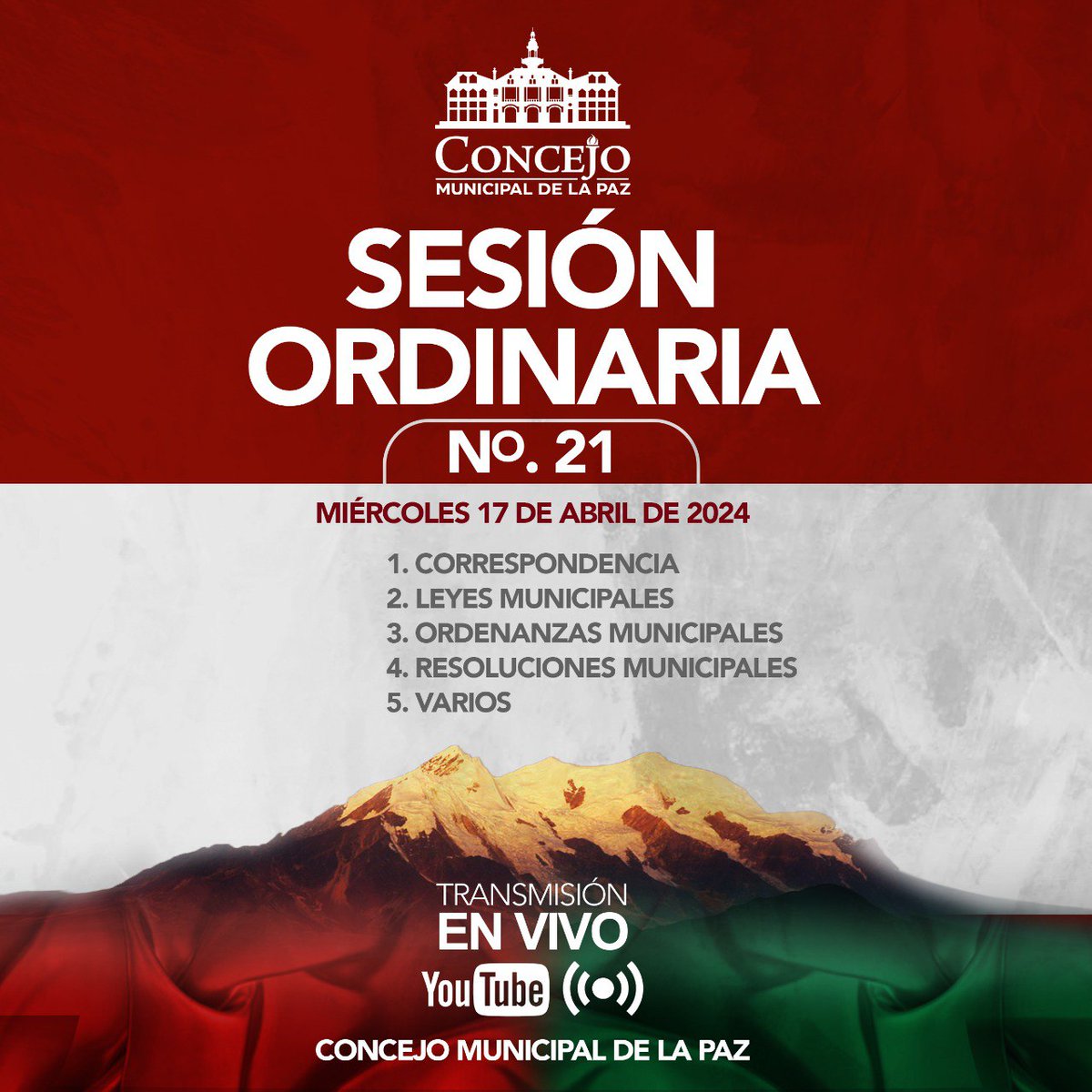 Con el quorum reglamentario se instaló la Sesión Ordinaria N°21/2024 del #ConcejoMunicipal de #LaPaz, dirigida por el presidente #LucioQuispe y se aprobó el siguiente Orden del Día.

#TodosPorLaPaz
#SomosTuConcejo
#ElConcejoDeLaGente