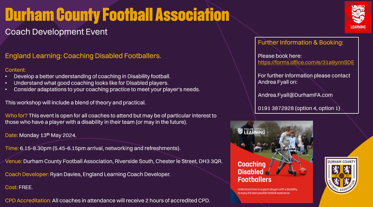 Durham CFA Coach Development (@dcfa_coachdev) on Twitter photo NEW Coach Development Event | England Learning - Coaching Disabled Footballers.
๐๏ธ Monday 13th May, 6.15-8.30pm
๐ <a href="/DurhamFA/">๐๐๐ฟ๐ต๐ฎ๐บ ๐๐ผ๐๐ป๐๐ ๐๐ โฝ๏ธ</a>
Book here: forms.office.com/e/31a9ynnSDE
Any Questions: Andrea.Fyall@DurhamFA.com
Full information belowโฌ๏ธโฌ๏ธโฌ๏ธ NEW Coach Development Event | England Learning - Coaching Disabled Footballers.
๐๏ธ Monday 13th May, 6.15-8.30pm
๐ <a href="/DurhamFA/">๐๐๐ฟ๐ต๐ฎ๐บ ๐๐ผ๐๐ป๐๐ ๐๐ โฝ๏ธ</a>
Book here: forms.office.com/e/31a9ynnSDE
Any Questions: Andrea.Fyall@DurhamFA.com
Full information belowโฌ๏ธโฌ๏ธโฌ๏ธ