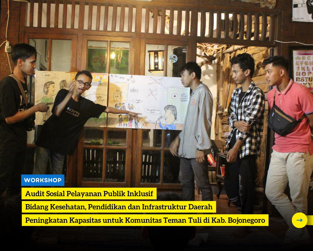 BjnInstitute's tweet photo. Workshop Audit Sosial Pelayanan Publik Inklusif di Bidang Kesehatan, Pendidikan &amp; Infrastruktur Daerah | Peningkatan Kapasitas Komunitas Teman Tuli di Kab. Bojonegoro

Bojonegoro Institute bekerja sama dg PATTIRO, didukung Ford Foundation &amp; Bina Bangda Kemendagri

Dok. 8/4/2023 https://t.co/VTtXpMLJ84