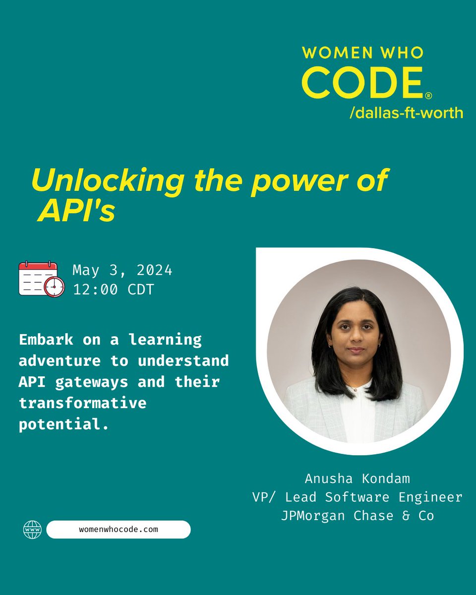 WWCodeDFW's tweet image. 🌟 Event Update! 🌟 "Unlocking the Power of APIs" is now a digital Lunch & Learn on May 3 at Noon CDT! Join us online to explore API management with Anusha Kondam. 🚀
🔗 RSVP: meetup.com/women-who-code…
#WomenWhoCode #TechTalk #DigitalEvent #APIs #LunchAndLearn