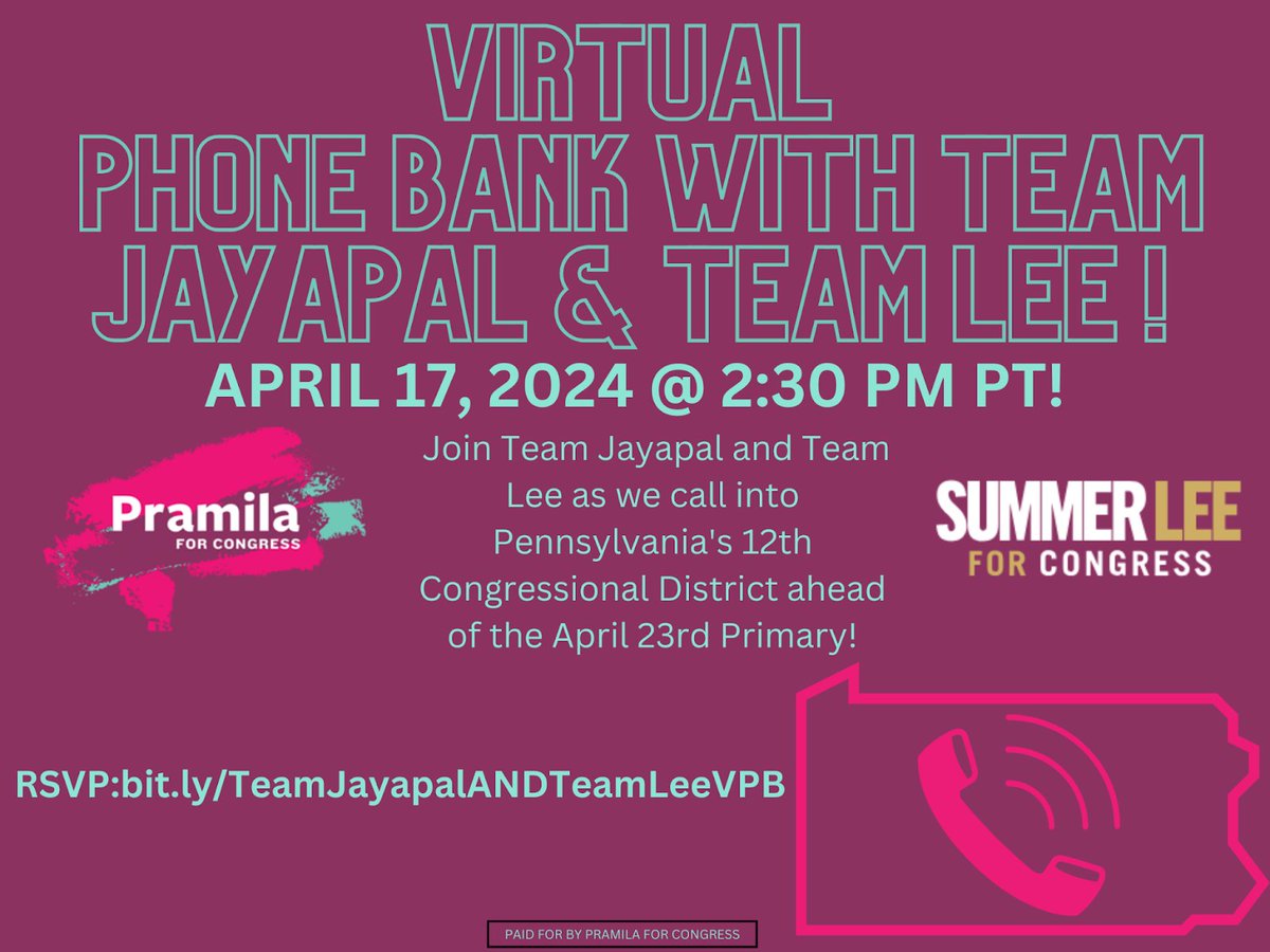 Join our team as we call voters in PA-12 to turn out the vote for @SummerForPA ahead of her primary on 4/23! Register here: bit.ly/TeamJayapalAND…