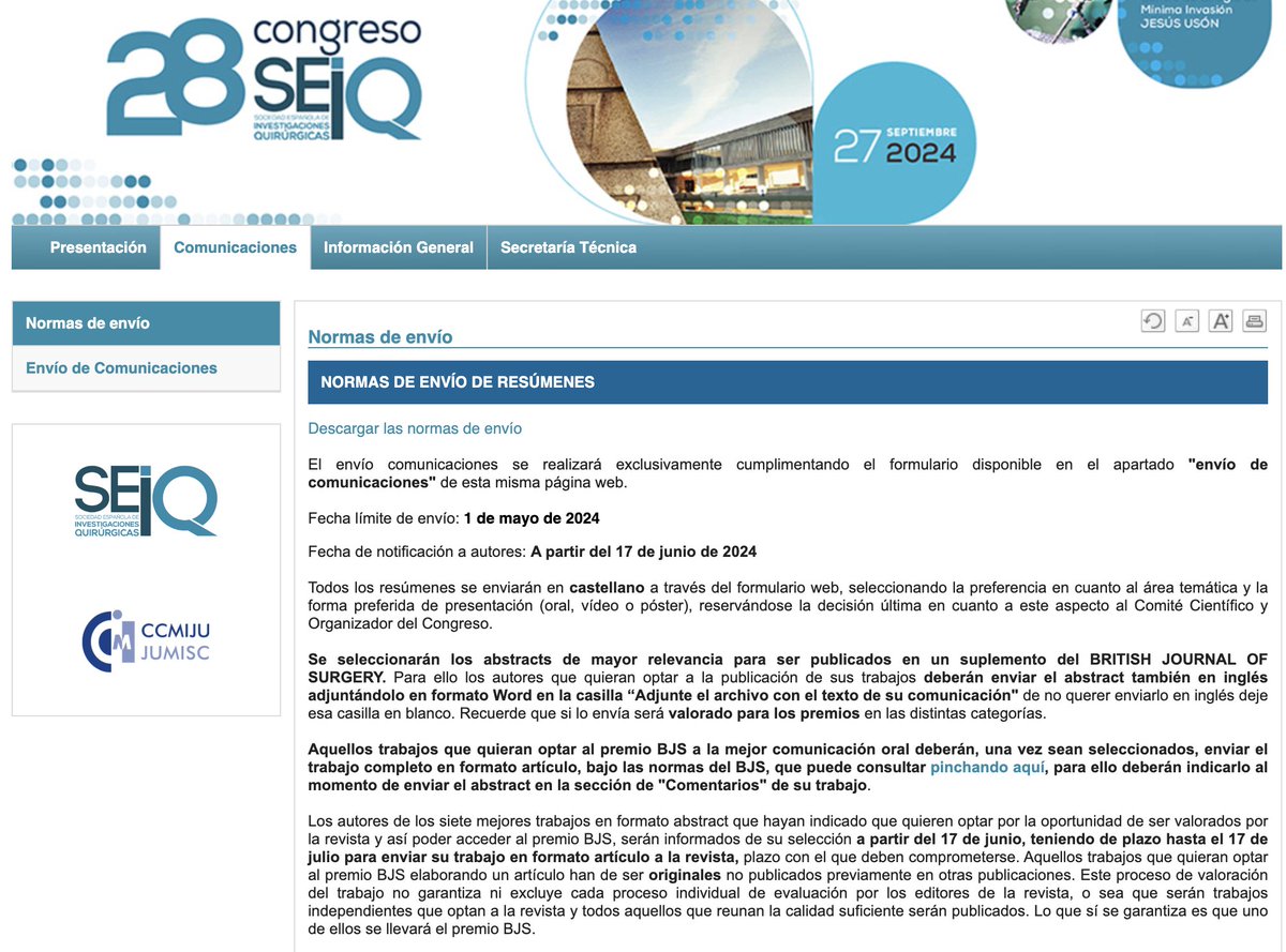 Podéis enviar vuestras comunicaciones al 28 congreso de @SEIQuirurgica que preside @sanchezmargallo, el 27 de septiembre en @ccmijesususon de Cáceres. Las mejores comunicaciones se publicarán en @BJSurgery y optarán al premio del #BJS congresoseiq.com #SEIQ2024