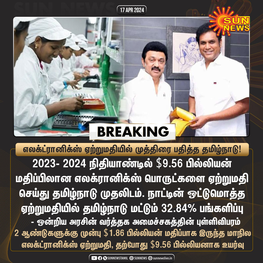 #BREAKING | எலக்ட்ரானிக்ஸ் ஏற்றுமதியில் முத்திரை பதித்த தமிழ்நாடு

#SunNews | #CMMKStalin | #ElectronicsExport