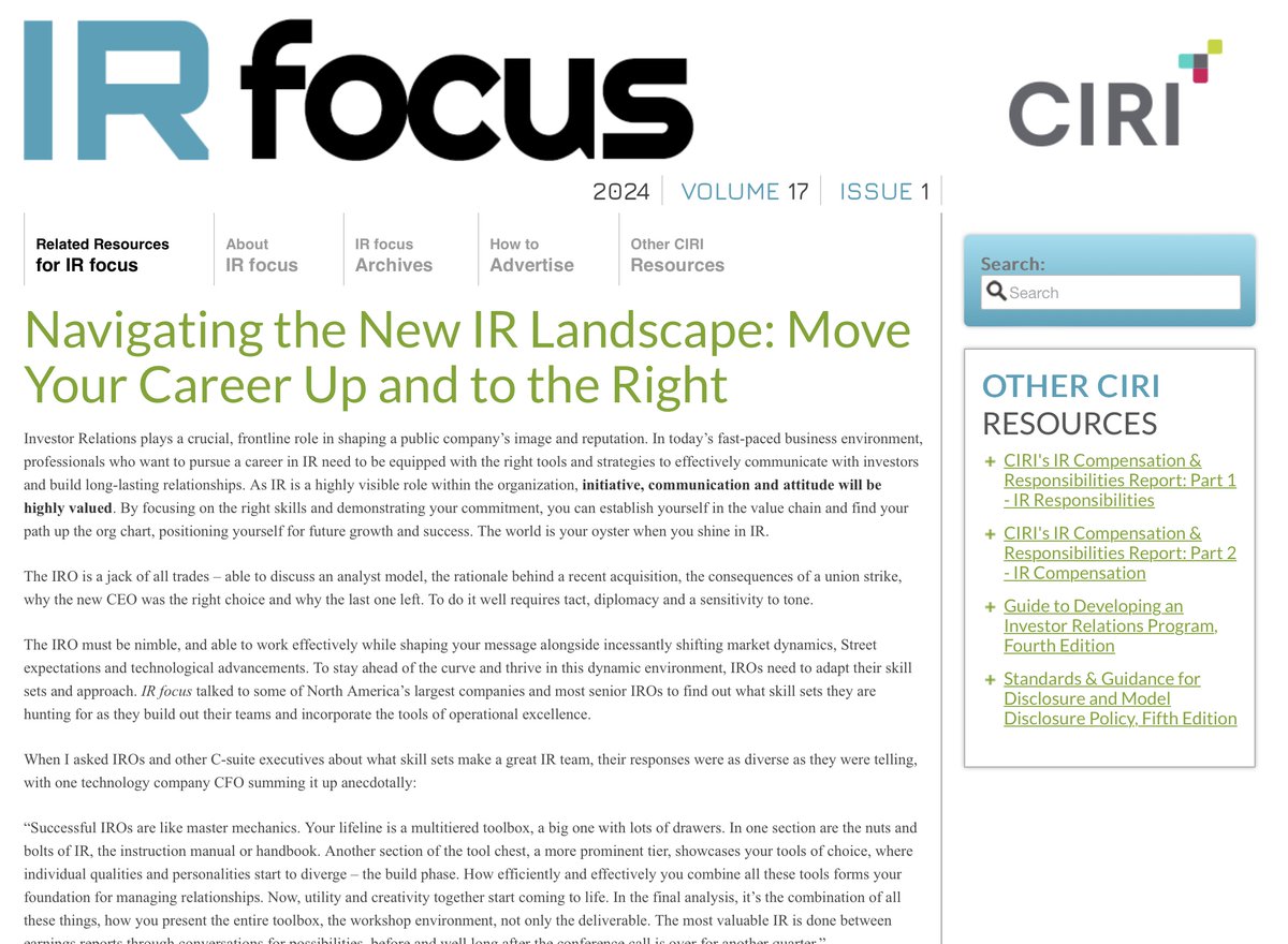 The topic for this issue of IR focus is on navigating the new IR landscape and how to move your career up and to the right. Members, check your inbox for your copy sent out on April 15! Not a member? See what you’re missing: ciri.org/web/web/Member…. #CIRI2024 #investorrelations