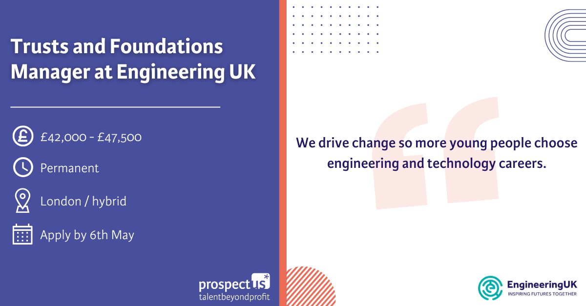 Join @_EngineeringUK and help shape tomorrow's engineers! 🛠️ As the Trusts & Foundations Manager, you'll play a pivotal role in expanding their relationships in the field and developing grant funding as a core income stream. Find out more and apply here: