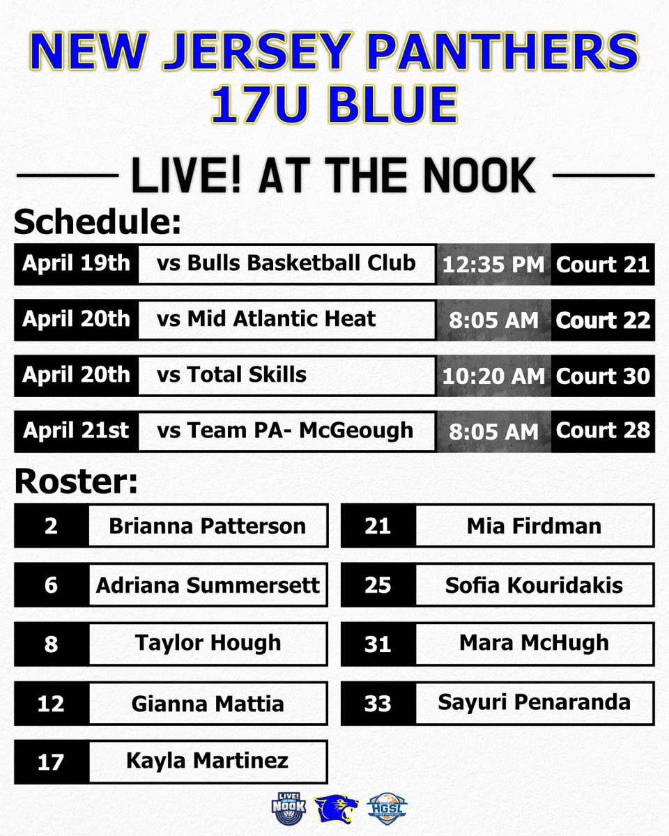 It’s time! Catch us at Spooky Nook this weekend 4/19-21. I’m #12 on @nj_panthers 17U Blue! So excited to play with my team, here’s the schedule ⬇️⬇️ @CoachZ_NJP @CoachJordanNJP @CoachWeberbball @PGHNewJersey @Fhsladywarrior1