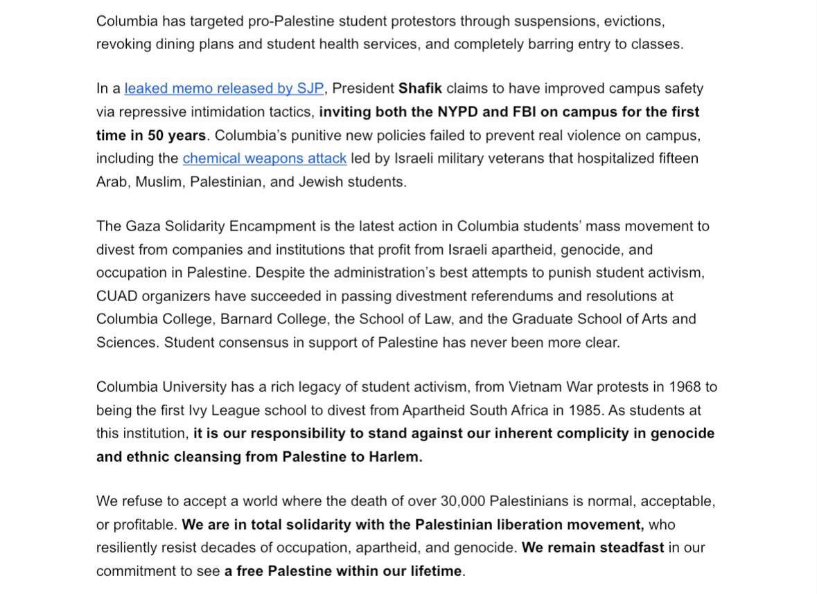 HAPPENING NOW IN NYC

Pro-HAMAS terrorist supporters have erected a Palestinian “Gaza solidarity encampment” on the campus of ⁦@Columbia⁩ Univeristy, which has many Jewish students.

This is a BDS supported event, as admitted in the press release below. ⁦@ShaiDavidai⁩