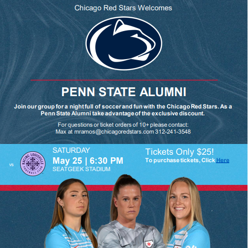 PSUChicago's tweet photo. Join us for Penn State Community Night with the Chicago Red Stars on May 25th, 6:30 PM! 🔵⚪ Cheer on alumni Alyssa Naeher, Ally Schlegel, and Penelope Hocking as they dominate the field! Tickets are $25 ⚽ #WeAre #PSUChicago #PSUalumni #ChicagoRedStars https://t.co/LYHf84ZZbU