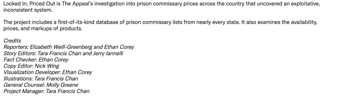 After a nine-month investigation, we published a database of commissary lists from 46 states. HUGE thanks to the brilliant and generous team at <a href="/theappeal/">The Appeal</a> for all their amazing work on this project: <a href="/EthanSCorey/">Ethan Corey</a> <a href="/taramfrancis/">Tara Francis Chan</a> <a href="/nickpwing/">Nick Wing</a> <a href="/jerryiannelli/">Jerry Iannelli</a> and <a href="/molly_verde/">Molly Greene</a>. ♥️