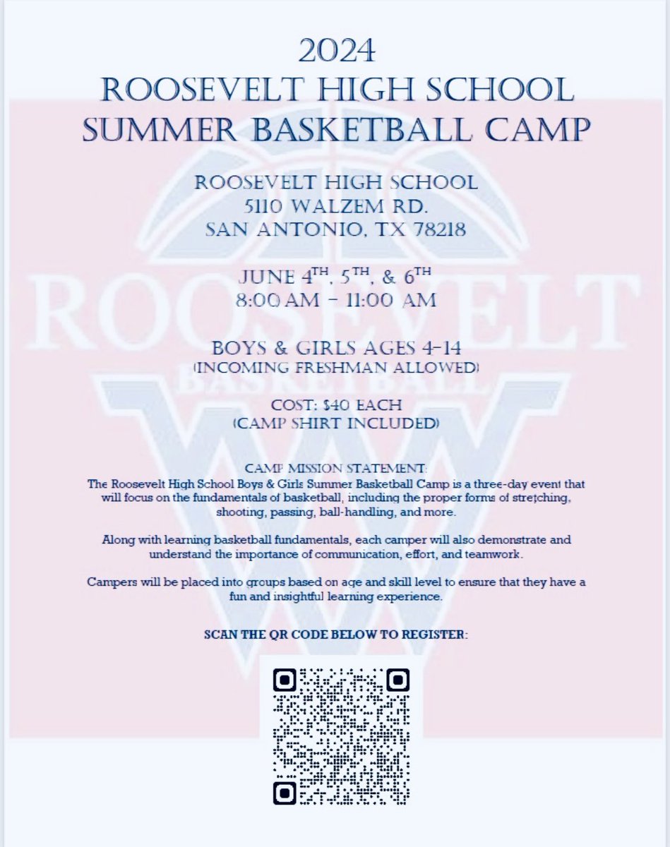 Attention TR Community & Supporters! Join us for our Annual Boys & Girls Summer Basketball Camp on June 4th, 5th & 6th from 8:00 am to 11 am. Cost will be $40 & each camper will receive a shirt. Register using the QR Code or this link: docs.google.com/forms/d/e/1FAI…