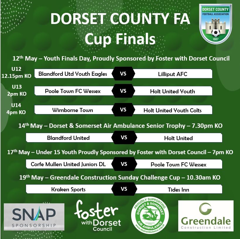 𝘾𝙐𝙋 𝙁𝙄𝙉𝘼𝙇 𝘿𝘼𝙏𝙀𝙎 🏆 We're delighted to announce dates for our County Cup Finals! All finals will be played at the County Ground, BH15 4BF, unless stated 📍 Thanks to our sponsors @snapsponsorship, Foster with @DorsetCouncilUK, @dsairambulance, @Greendale_Build