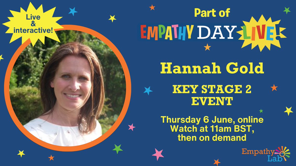⭐️6 June⭐️

We're thrilled to be part of Empathy Day Live!, @EmpathyLabUK's FREE online festival featuring top children's authors & illustrators, running throughout #EmpathyDay!

Join @HGold_author for a Key Stage 2 Event at 11am!

Plan your day at empathylab.uk/empathy-day-li…