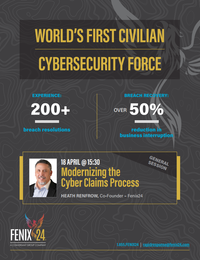 TOMORROW -- Fenix24 takes on @Zywave's Cyber Risk conference in London! If you are attending, join us to hear from our co-founder, Heath Renfrow, and other speakers at the 15:30 general session on Modernizing the Cyber Claims Process. More info: okt.to/Dr3cNA #CyberRisk