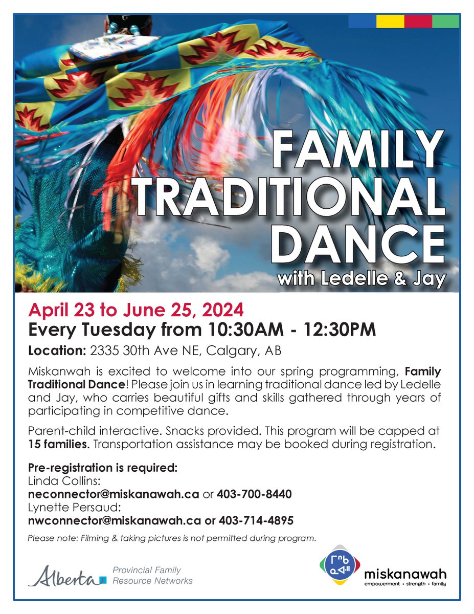 FAMILY TRADITIONAL DANCE with Ledelle &amp; Jay, Apr 23 - Jun 25, 2024, Every Tue 10:30 AM - 12:30 PM, 2335 30th Ave NE, Calgary, AB. Join us to learn traditional dance. Limited to 15 families. Snacks provided. #miskanawah #yyc #calgary #traditionaldancing