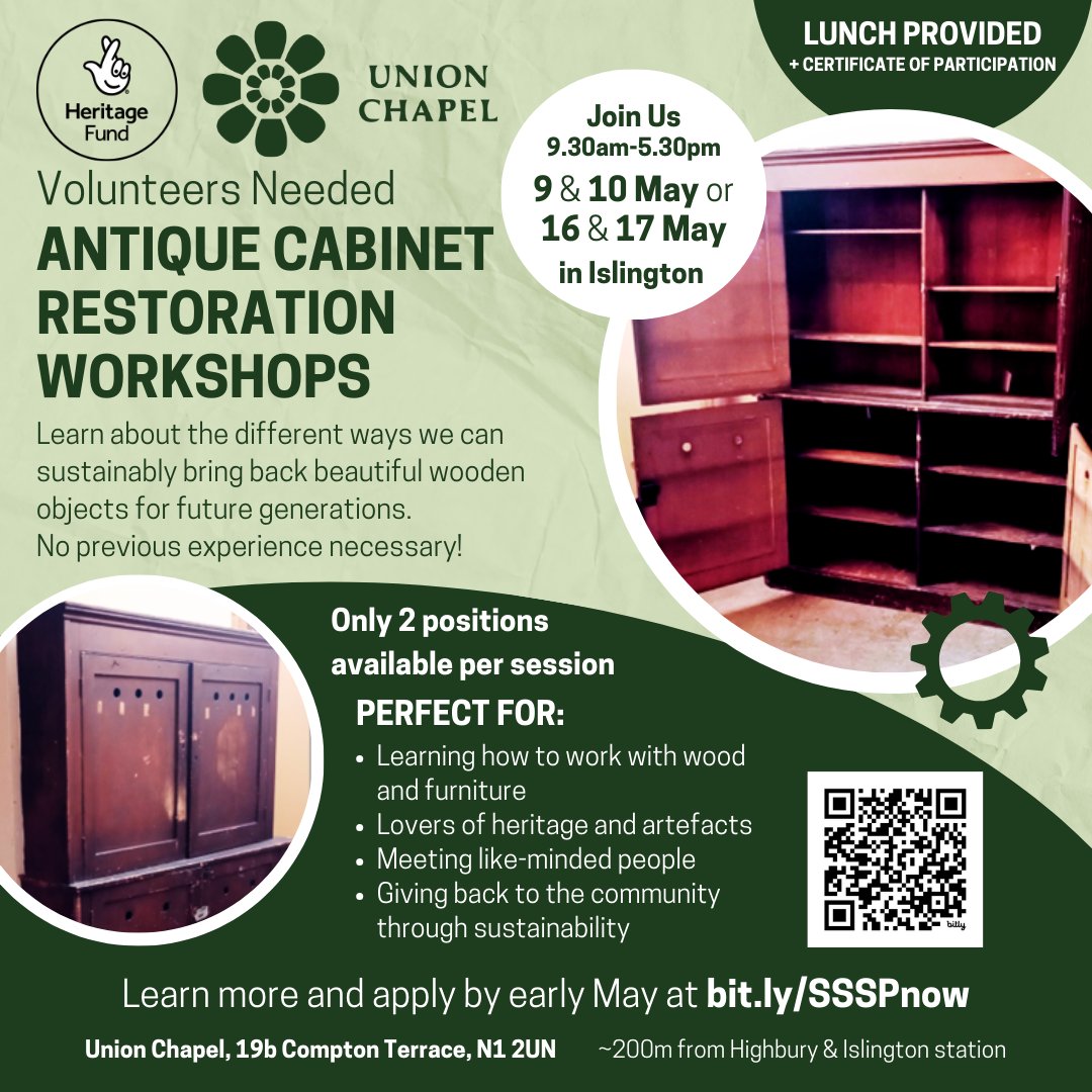 Join #SundaySchoolStories ANTIQUE CABINET RESTORATION WORKSHOPS in May!
Help sustainably bring life back to objects for our community hub. Learn how to safely restore wooden antiques & furniture.
No experience needed. Materials, mentoring + lunch provided!
bit.ly/SSSPnow