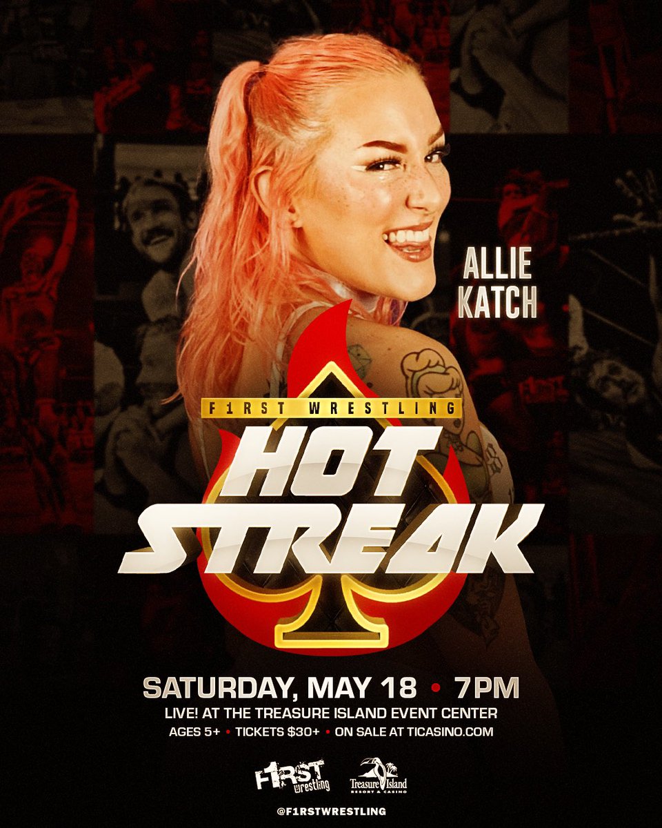 Get your tickets now… Allie Katch is coming to @ticasino! 🔥𝑯𝑶𝑻 𝑺𝑻𝑹𝑬𝑨𝑲♠️ SATURDAY | May 18th Welch, Minnesota Doors 6pm | Show 7pm | Ages 5+ 🎟️ ticketmaster.com/f1rst-wrestlin…