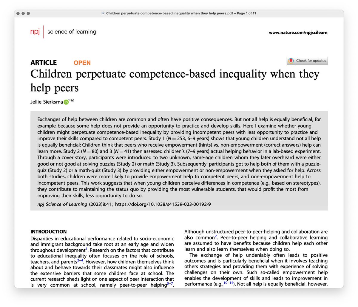 When helping hurts... A concise summary of Sierksma (2023) ↓ What they did The researcher conducted three studies (N=253, N=80, N=41) exploring how children aged 6-9 assist their peers. What they found They discovered that children are more inclined to offer empowering help…