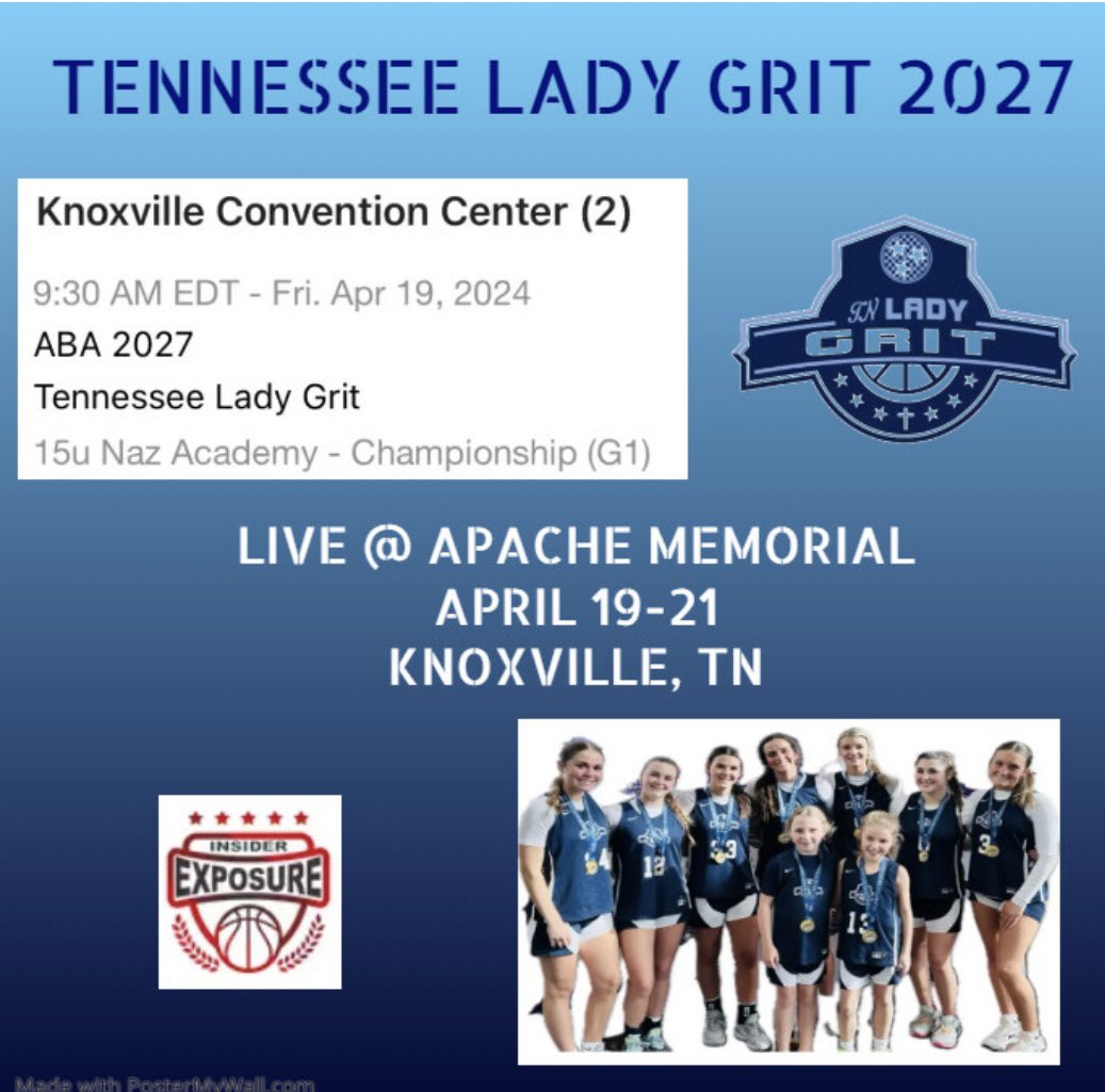 Tennessee Lady Grit 2027 (Flenniken) (@tnladygrit) on Twitter photo We will be live in Knoxville at the <a href="/InsiderExposure/">InsiderExposure</a> Apache Memorial. Come check us out Friday on Court 2.
We will be without <a href="/Katie_graves08/">Katie Graves</a> for the weekend 🙏. Let’s get it <a href="/rylee_taylorrr/">rylee taylor</a> <a href="/HarperLadd4/">Harper Ladd</a> <a href="/ReaganSheridan3/">reagan sheridan</a> <a href="/ChapmanPreslee/">Preslee Chapman</a> <a href="/GabbieVanacker/">Gabbie Vanacker</a> <a href="/Kenley_coker12/">Kenley</a> We will be live in Knoxville at the <a href="/InsiderExposure/">InsiderExposure</a> Apache Memorial. Come check us out Friday on Court 2.
We will be without <a href="/Katie_graves08/">Katie Graves</a> for the weekend 🙏. Let’s get it <a href="/rylee_taylorrr/">rylee taylor</a> <a href="/HarperLadd4/">Harper Ladd</a> <a href="/ReaganSheridan3/">reagan sheridan</a> <a href="/ChapmanPreslee/">Preslee Chapman</a> <a href="/GabbieVanacker/">Gabbie Vanacker</a> <a href="/Kenley_coker12/">Kenley</a>