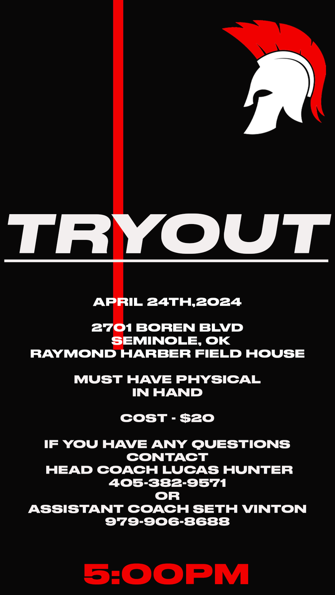 Open Tryout Wednesday, April 24th 5:00pm Cost : $20 Raymond Harber Field House Register docs.google.com/forms/d/e/1FAI…… Contact Coach Lucas Hunter at 405-382-9571 or Assistant Coach Seth Vinton at 979-906-8688 with any questions.
