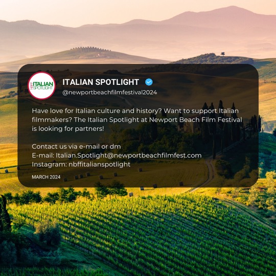 NBFItalianSpot1's tweet photo. CALL FOR PARTNERS! Have a love for Italian culture and history? Want to support filmmakers? The Italian Spotlight at the Newport Beach Film Festival is looking for partners. Join in celebrating it's 25 year anniversary! #newportbeachfilmfestival #italy #cinema https://t.co/5ZzS8upTPB