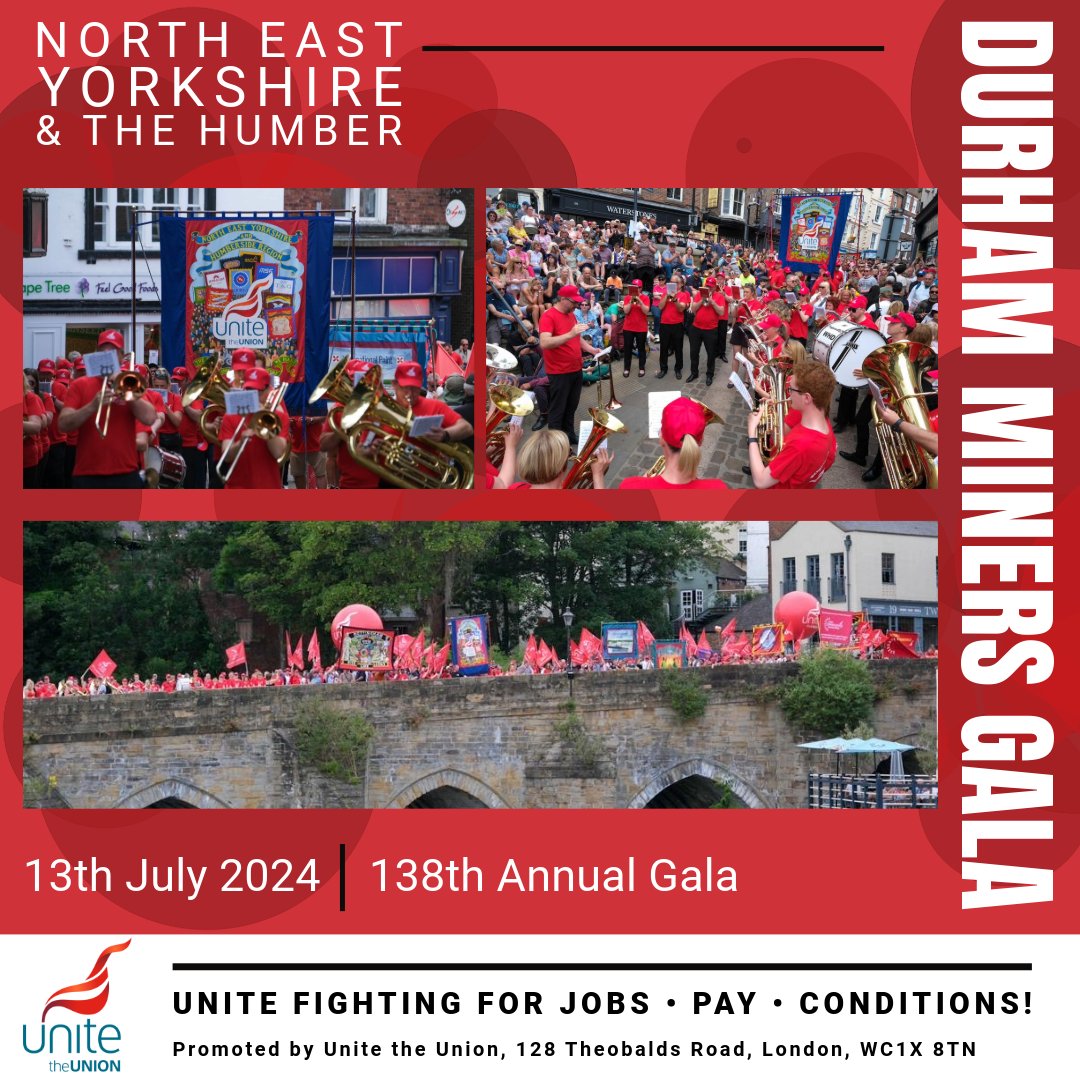 📆 Save the Date! Durham Miners Gala - Sat 13th July Not only is this year the 138th annual gala, it's also the 40th anniversary of the miners' strike We hope to have some extra events on the 11th & 12th - so watch this space! @UniteTheUnion @DurhamGala #DurhamMinersGala